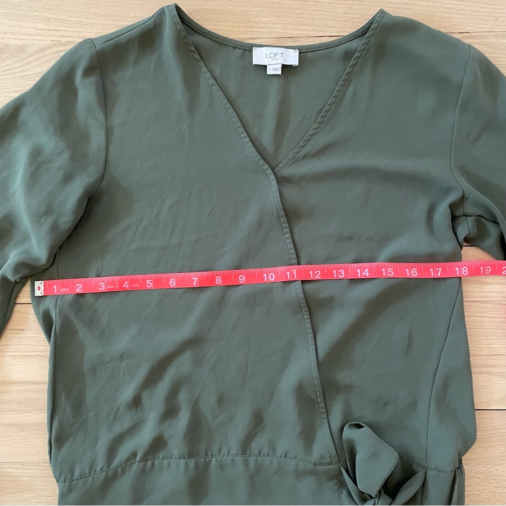 Loft Olive Green Long Sleeve Bell Sleeve Faux Wrap Shirt Small - Picture 10 of 13